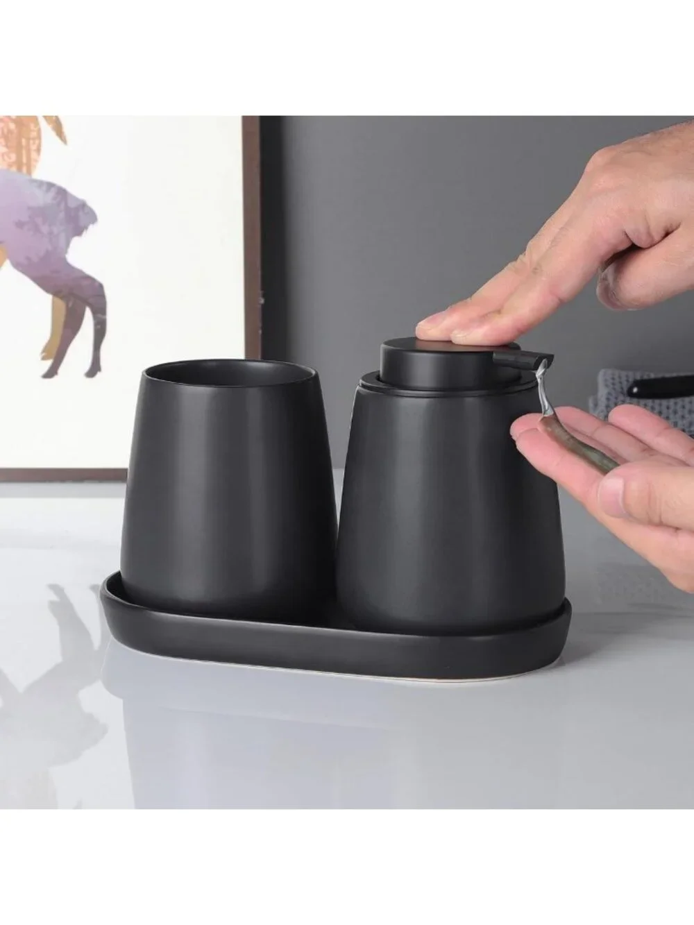 Matte Black Ceramic Vanity Tray - 8'' Round Soap Dispenser, Jewelry & Cosmetic